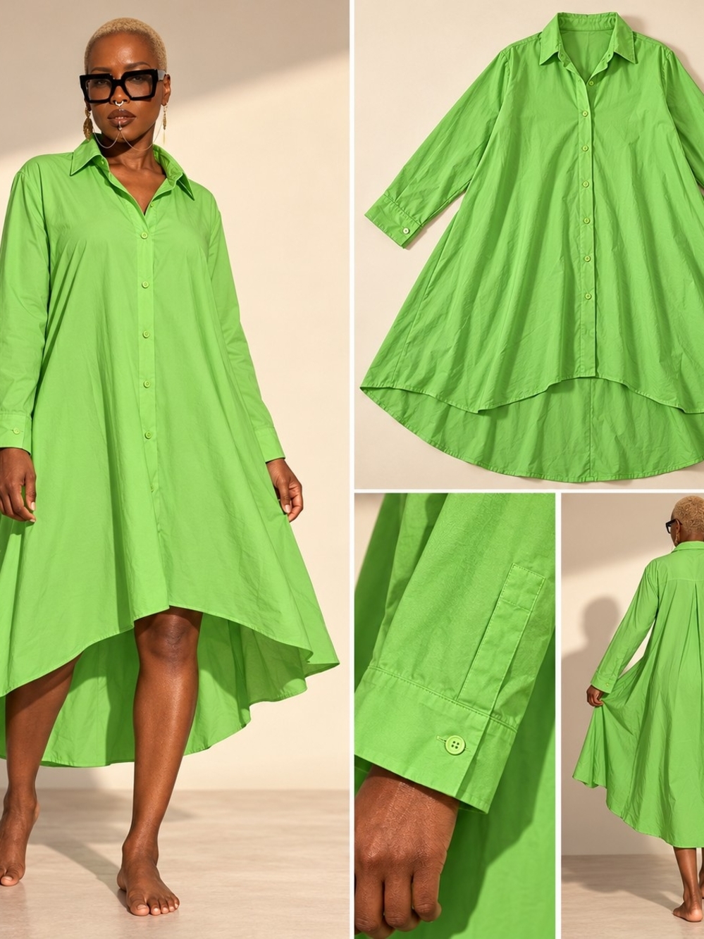 Luxe High-Low Shirt Dress - Lime Green